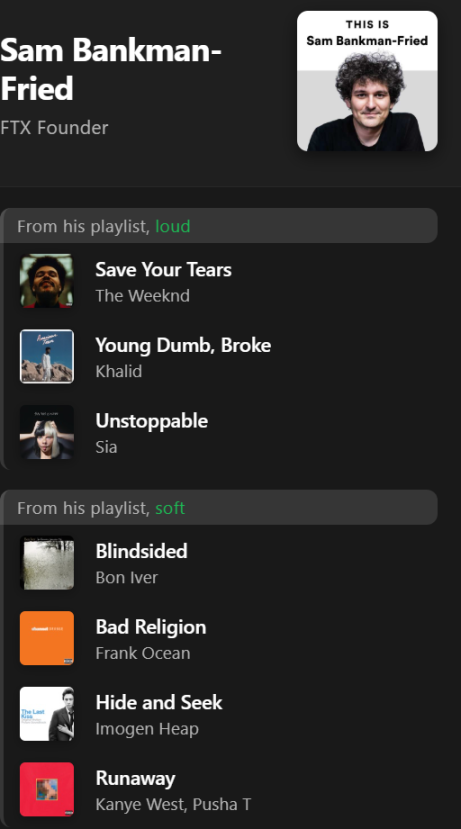加密大佬歌单遭曝光：SBF 爱心碎曲，Brian 为它单曲循环 60 次第2张