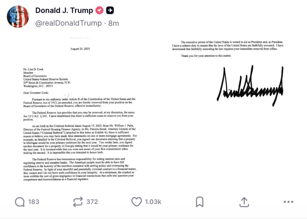 特朗普「开除」现任美联储理事，「掌控美联储」计划迈出又一步第1张