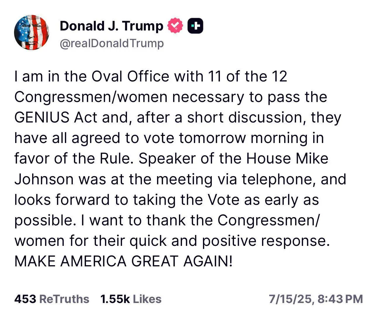 投票一波三折!美国众议院终于通过程序性投票推进3项加密立法,Genius法案有望本周内签署第2张「BreakingCoin」 投票一波三折!美国众议院终于通过程序性投票推进3项加密立法,Genius法案有望本周内签署第2张