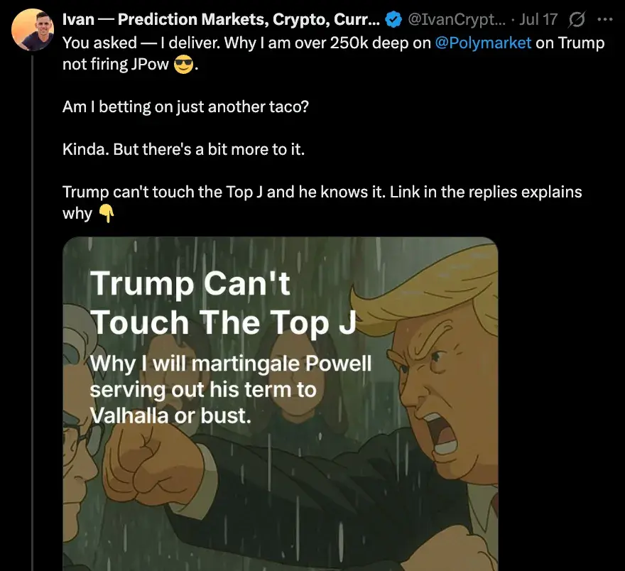 对话Polymarket交易员：为何押注25万美元认定特朗普不会解雇鲍威尔？